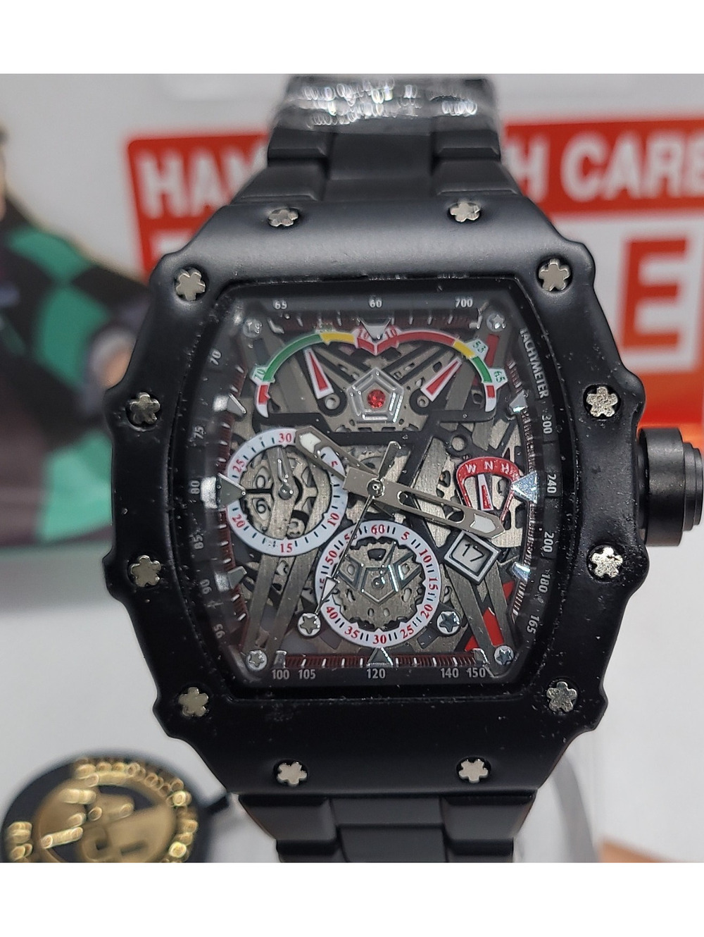 393 aj metal skeleton dial chronograph date black metal sports wristwatch
